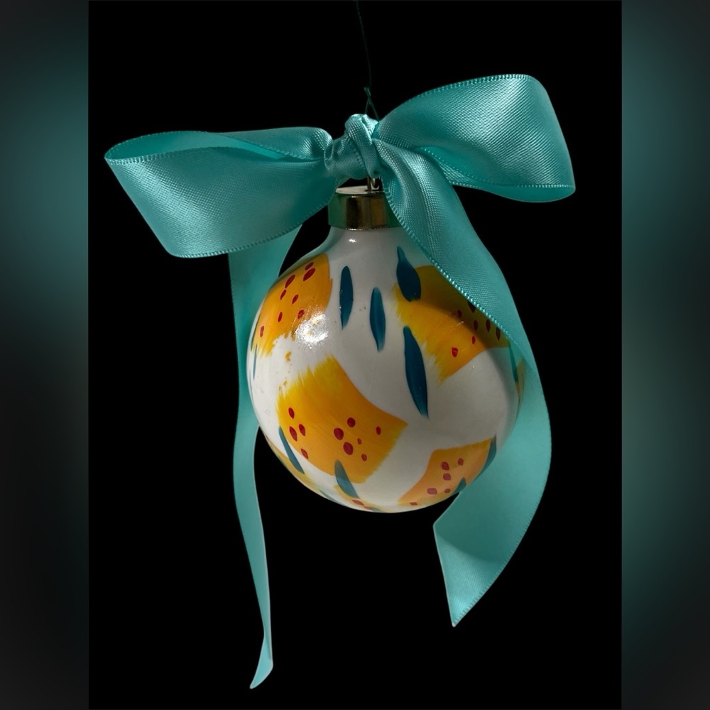 Ornament Hand Painted Handmade with Aqua Ribbon Handmade Original One of a Kind